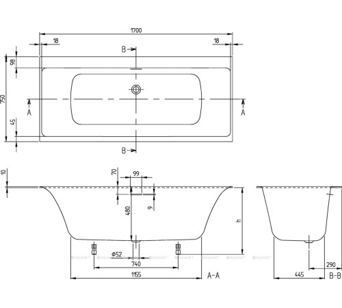 Ванна квариловая Villeroy & Boch Subway 3.0 170x75 см комплект с ножками и сливом-переливом UBQ170SBW2DV-01