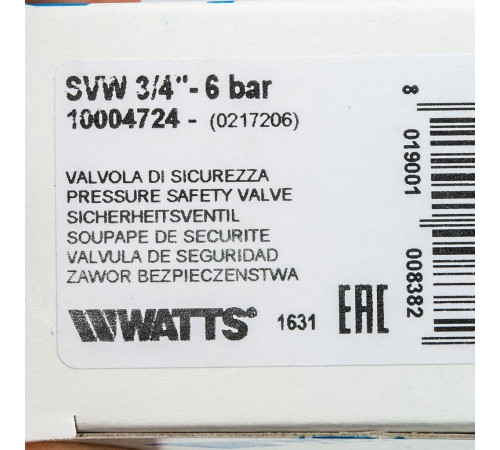 Предохранительный клапан для систем водоснабжения Watts SVW 3/4 6 бар 10004724