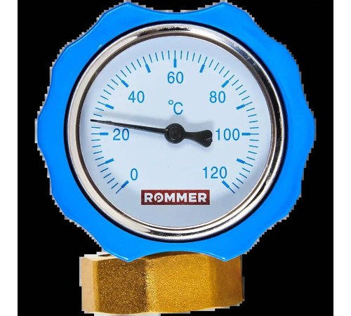 Клапан запорный латунный ROMMER ВР 1 x 1 1/2 с накидной гайкой и обратным клапаном синяя ручка RBV-0020-0101112