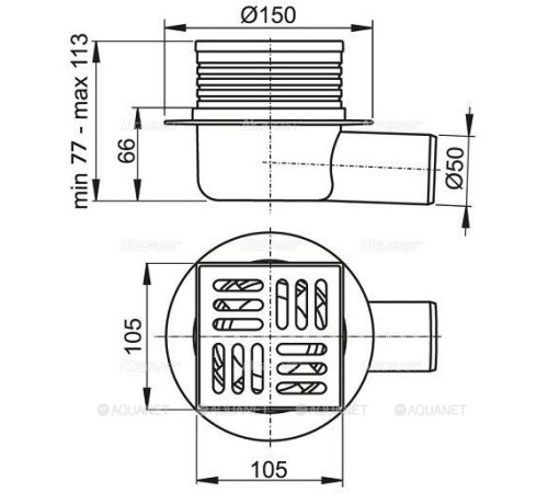Трап сливной AlcaPlast 105x105/50 мм боковой выпуск решетка нерж. сталь APV26