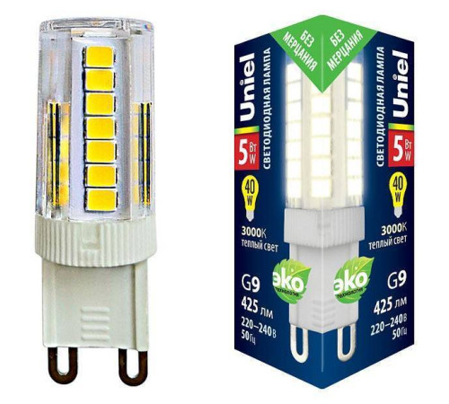 Лампа светодиодная Uniel G9 5Вт 3000K LED-JCD-5W/3000K/G9/CL GLZ09TR картон