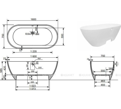 Ванна отдельностоящая Aquanet FAMILY STONE 1600х750 мм 00332889