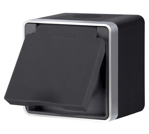 Розетка влагозащищенная с заземлением и со шторкой с крышкой Werkel Gallant (черный с серебром) W5071234