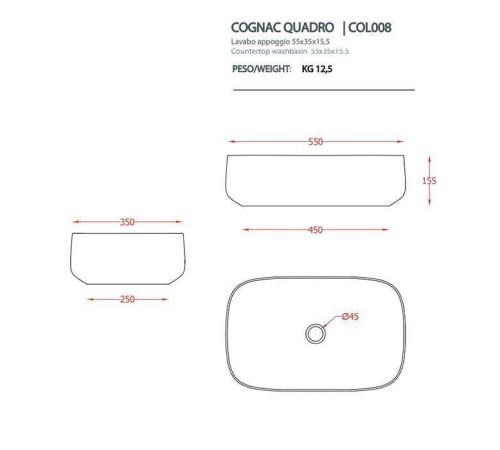 Раковина накладная Artceram Cognac Quadro 55x35 см без отверстия denim COL008 37 00