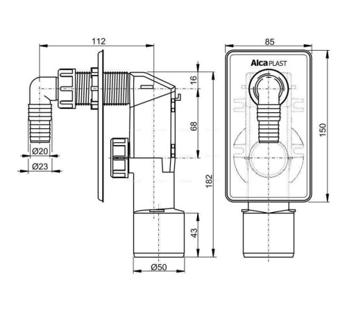 Сифон для стиральной машины Alcaplast скрытого монтажа пластиковый белый APS4