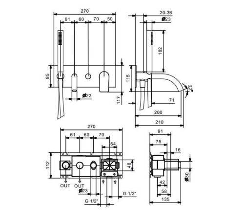 Смеситель для ванны Fantini Myo встраиваемый хром 61 02 V621B