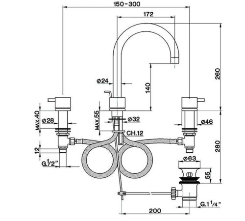 Смеситель для раковины Cisal Less New на 3 отверстия с клапаном хром LN00106021