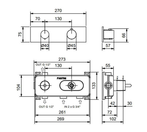 Смеситель для душа термостатический Fantini Venezia встраиваемый 3/4 наружная часть Matt British Gold PVD 29 P6 N272B