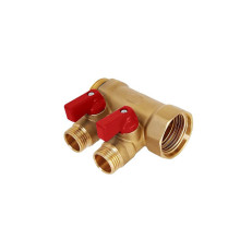 Коллектор латунный никелированный Hoobs 3/4х2х1/2 EK с шаровыми кранами 2 выхода красные ручки HB-6200R6H0504R2A