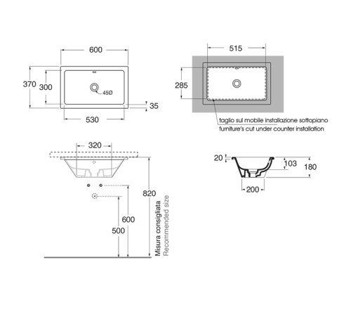 Раковина встраиваемая под столешницу Azzurra Built-In 60х37 см DULT06037T00BI