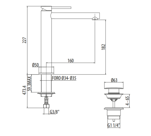 Смеситель для раковины высокий Gattoni Circle One 227 мм с донным клапаном черный матовый 9046/90NO