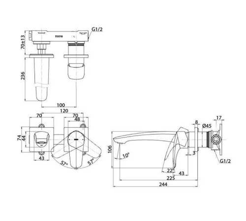 Смеситель для раковины встраиваемый TOTO GM на 2 отверстия хром TLG09308R