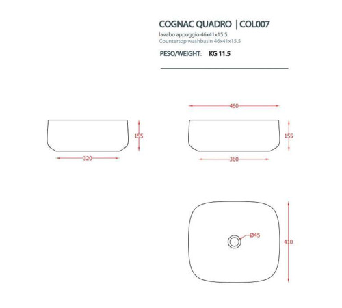 Раковина накладная Artceram Cognac Quadro 46х41х15.5 см белый COL007 01 00