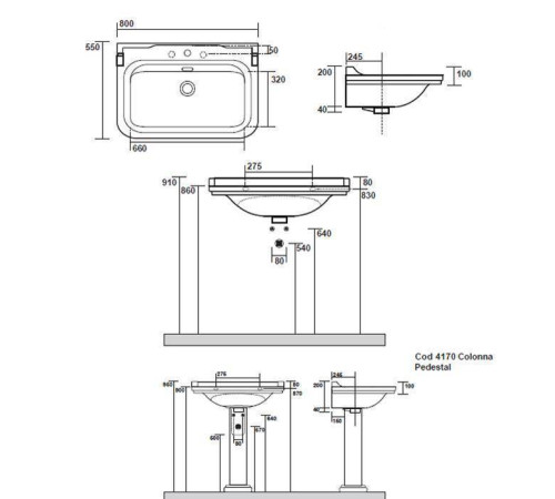 Раковина Kerasan Waldorf 80х55 см 3 отверстия с пьедесталом белый/хром 417001/4141K1bi/cr*3