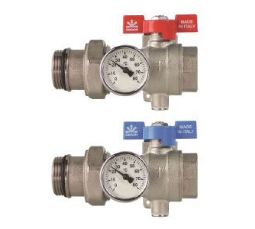 Комплект шаровых кранов для коллектора 1 Gekon с американкой и термометром 2 шт GK 79181