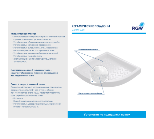 Поддон для душа полукруглый RGW CR/R 800x800 мм керамический 19170488-01