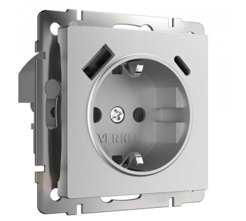 Розетка с заземлением, шторками и USB тип A+C (серебряный матовый) W1171765