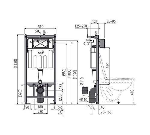 Инсталляция для унитаза Alcaplast AM101/1120 с кнопкой M71 хром и креплением AM101/1120-3:1 RU M71-0001