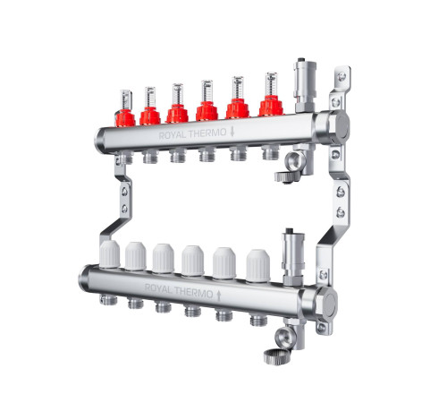 Коллекторная группа Royal Thermo из нержавеющей стали с расходомерами 6 выходов RTI 01.06