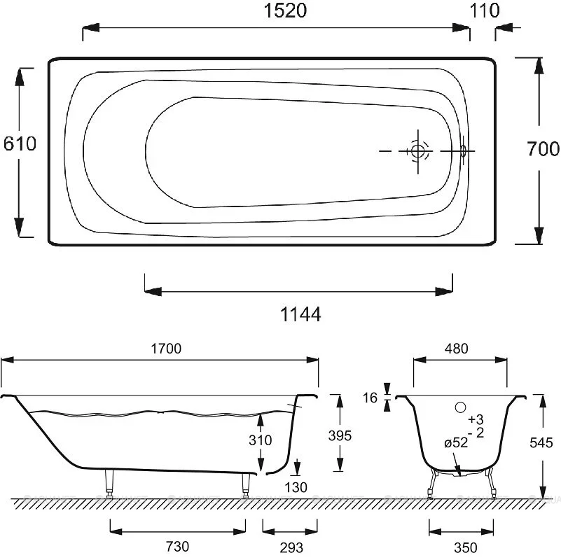 Ванна чугунная Jacob Delafon Melodie 170x70 см без отверстий для ручек E2922-00